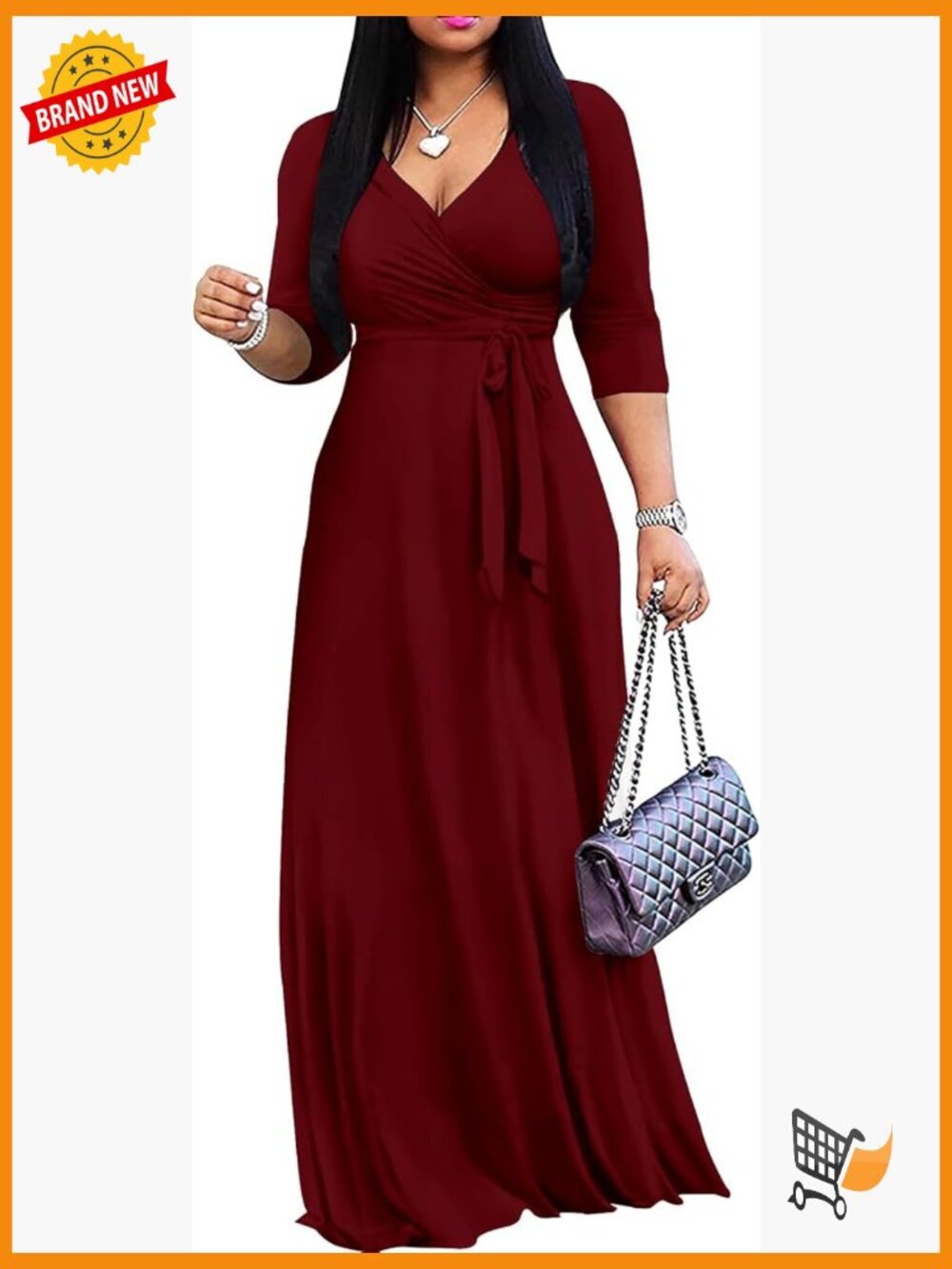 Plus Size Maxi Wrap Dress V-Neck 3/4 Sleeve Bohemian Sundress with Belt